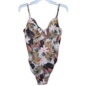 Womens Large Peach Cream Brown Floral Palm One Piece Swimsuit